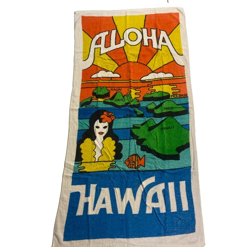 Vintage Hawaii Aloha Hula Girl Beach Towel Map Hawaiian Islands 28x56 Cotton USA